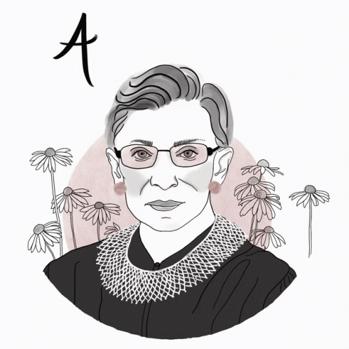 A Black And White Drawing Of Ruth Bader Ginsburg With The Words All Rise Below Her GIF