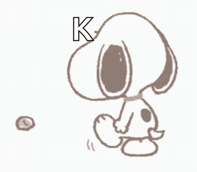A Black And White Drawing Of Snoopy Holding A Ball With The Letter K Above Him . GIF