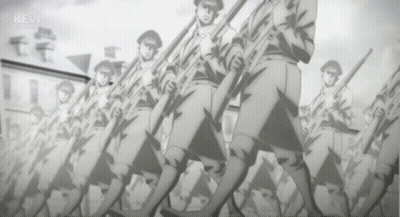 A Black And White Drawing Of Soldiers Marching With Guns And The Word Kevin On The Bottom GIF