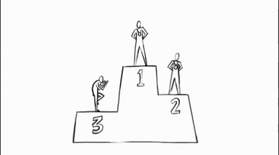 A Black And White Drawing Of Three Stick Figures Standing On A Winner 'S Podium . GIF