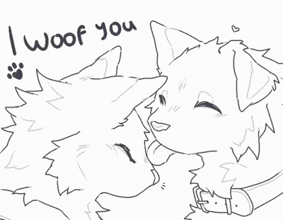 A Black And White Drawing Of Two Animals With The Words " I Woof You " Written Below Them GIF