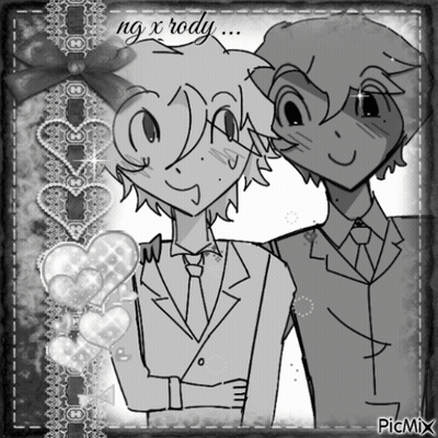 A Black And White Drawing Of Two Boys With The Words Ng X Rody Written Above Them GIF