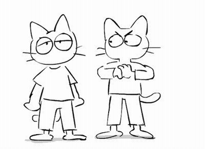 A Black And White Drawing Of Two Cartoon Cats Standing Next To Each Other On A White Background . GIF