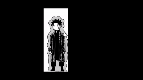 A Black And White Drawing Of Two Men Standing Next To Each Other . One Of The Men Is Wearing A Coat . GIF