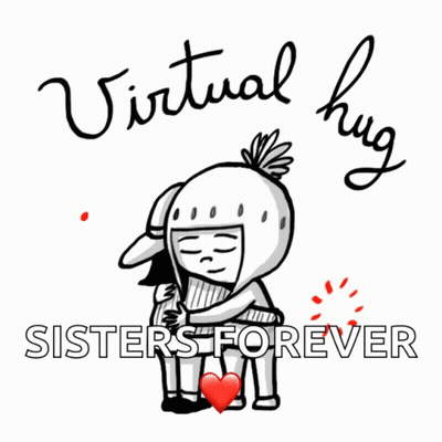 A Black And White Drawing Of Two People Hugging With The Words Virtual Hug Sisters Forever GIF