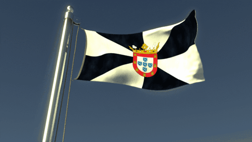 A Black And White Flag With A Coat Of Arms GIF