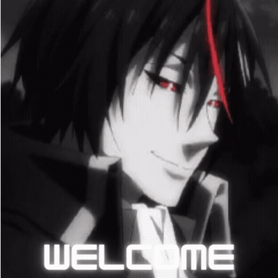 a black and white image of a anime character with red eyes and the words `` welcome '' .