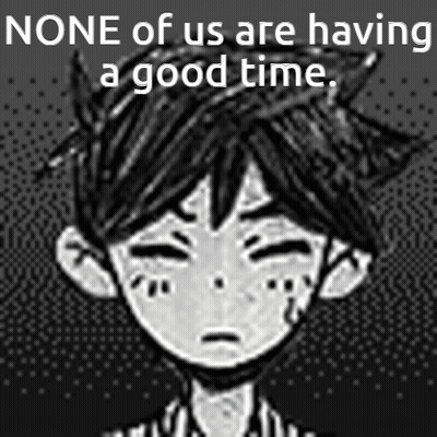 A Black And White Image Of A Boy With The Words None Of Us Are Having A Good Time GIF