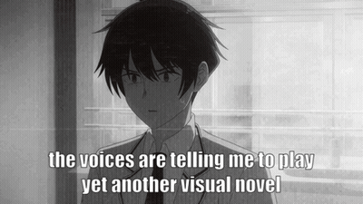 A Black And White Image Of A Boy With The Words " The Voices Are Telling Me To Play Yet Another Visual Novel " At The Bo GIF