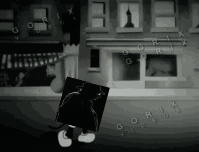 A Black And White Image Of A Cartoon Character Holding A Picture Of A Man In Front Of A Building That Says Gorix GIF