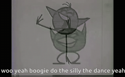 A Black And White Image Of A Cartoon Character With The Words Woo Yeah Boogie Do The Silly The Dance Yeah . GIF