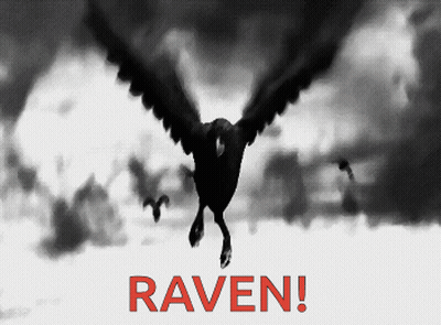 A Black And White Image Of A Crow With The Word Raven In Red Letters GIF