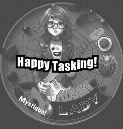 A Black And White Image Of A Girl Holding A Guitar With The Words Happy Tasking Admin Lady GIF