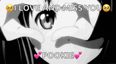 A Black And White Image Of A Girl Making A Heart With Her Hands And The Words I Love And Miss You Pookie . GIF