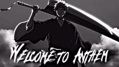 A Black And White Image Of A Man Holding A Large Sword And The Words Welcome To Anthem GIF