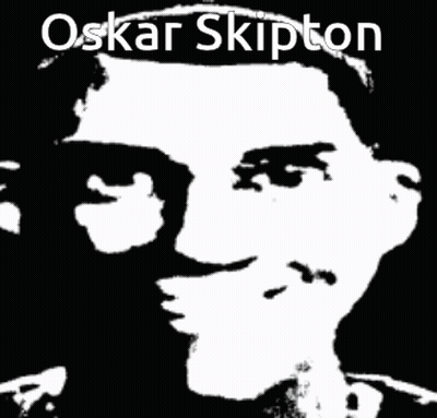 A Black And White Image Of A Man With The Name Oskar Skipton GIF