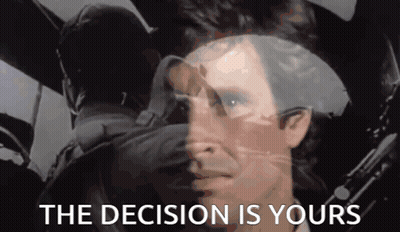 A Black And White Image Of A Man With The Words " The Decision Is Yours " Above Him GIF