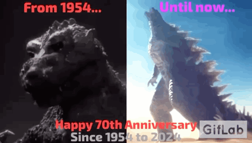 A Black And White Image Of A Monster With The Words Happy 70Th Anniversary Since 1954 To 2024 GIF