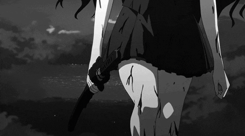 A Black And White Image Of A Person Holding A Sword GIF