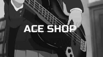 A Black And White Image Of A Person Playing A Bass Guitar With Ace Shop Written In White GIF