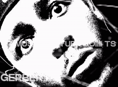 A Black And White Image Of A Person 'S Face With The Word Gerber In The Corner GIF