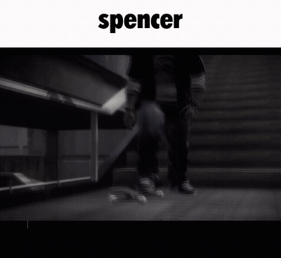 A Black And White Image Of A Person Walking Down Stairs With The Name Spencer On The Top GIF
