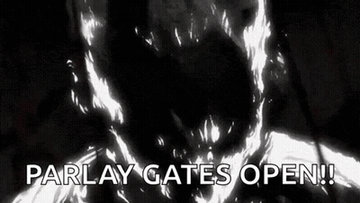 A Black And White Image Of A Person With Flames Coming Out Of Their Mouth And The Words `` Parlay Gates Open '' . GIF
