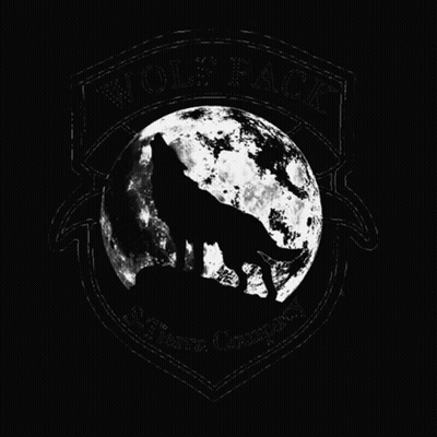 A Black And White Image Of A Wolf Howling At The Moon With The Words Wolf Pack On The Bottom GIF
