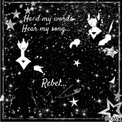 A Black And White Image With The Words Feed My Words Hear My Song Rebel On It GIF