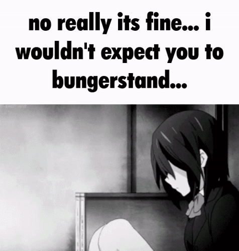 A Black And White Image With The Words No Really Its Fine I Wouldn 'T Expect You To Bungestand GIF