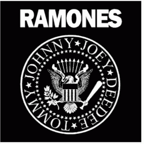 A Black And White Logo For Ramones With A Eagle And Bat GIF