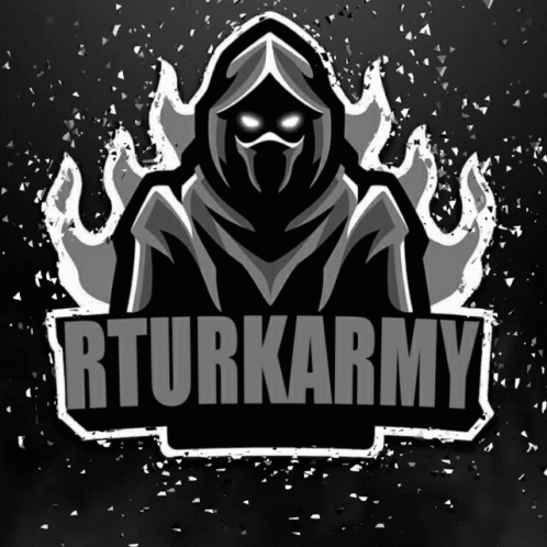 A Black And White Logo For Rturkarmy With A Hooded Figure GIF