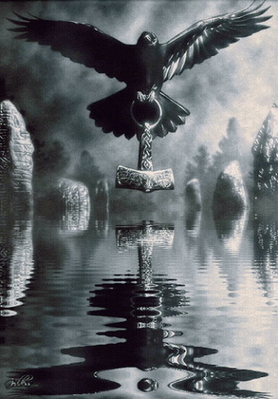 A Black And White Painting Of A Bird Flying Over A Cross In The Water GIF