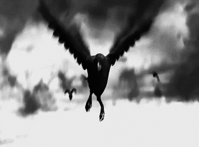 A Black And White Painting Of A Bird Flying Through The Air GIF
