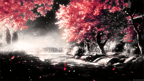 A Black And White Painting Of A Bridge Surrounded By Trees With Red Leaves GIF