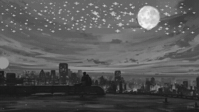 A Black And White Painting Of A City At Night With A Full Moon And Stars GIF