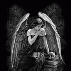 A Black And White Painting Of A Gothic Angel Holding A Skull . GIF