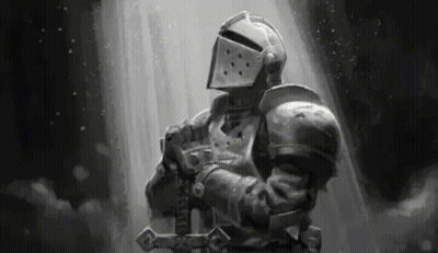 A Black And White Painting Of A Knight Holding A Sword In A Dark Room . GIF