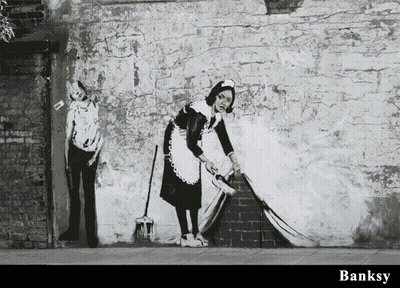 A Black And White Painting Of A Maid Cleaning A Brick Wall With The Word Banksy On The Bottom GIF