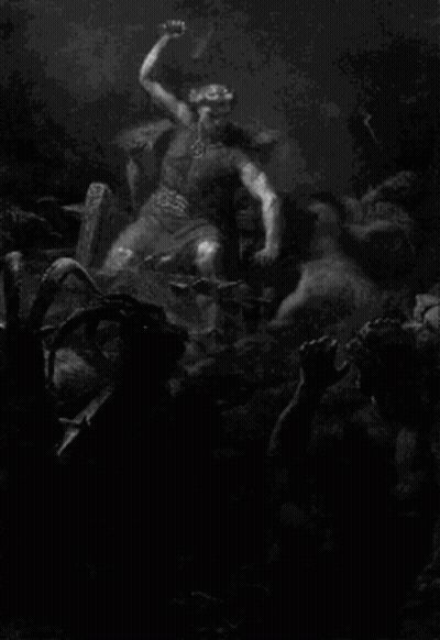 A Black And White Painting Of A Man Holding A Hammer In A Cave Surrounded By Demons . GIF