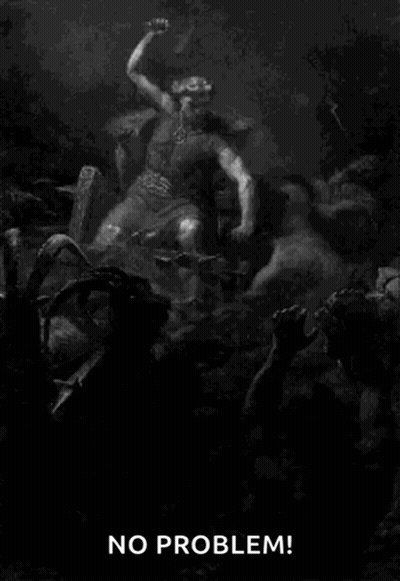 A Black And White Painting Of A Man Holding A Hammer Surrounded By Demons And A Goat . GIF