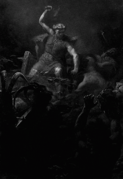 A Black And White Painting Of A Man Holding A Large Hammer GIF
