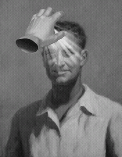 A Black And White Painting Of A Man With A Hand Covering His Eyes GIF