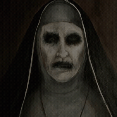 A Black And White Painting Of A Nun With A Very Scary Face GIF