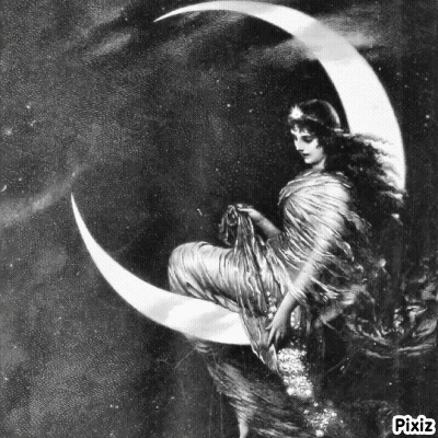 A Black And White Painting Of A Woman Sitting On The Crescent Moon GIF