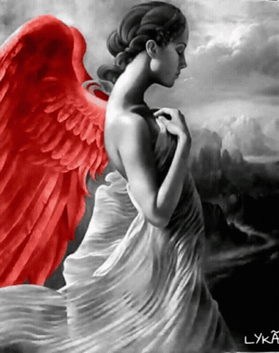 A Black And White Painting Of A Woman With Red Angel Wings GIF