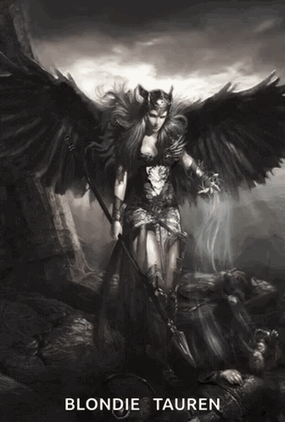 A Black And White Painting Of A Woman With Wings And The Name Blondie Tauren On The Bottom GIF