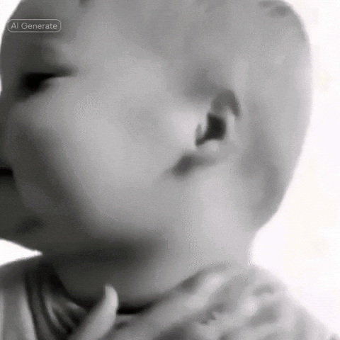a black and white photo of a baby 's face with a person holding it .
