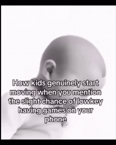 A Black And White Photo Of A Baby With A Caption That Says How Kids Genuinely Start Moving When You Mention GIF