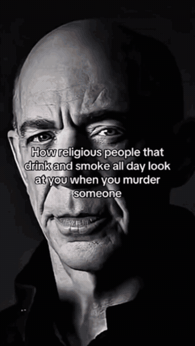 A Black And White Photo Of A Bald Man With The Caption How Religious People That Drink And Smoke All Day Look At You Whe GIF